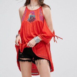 Free People cold shoulder embroidered top